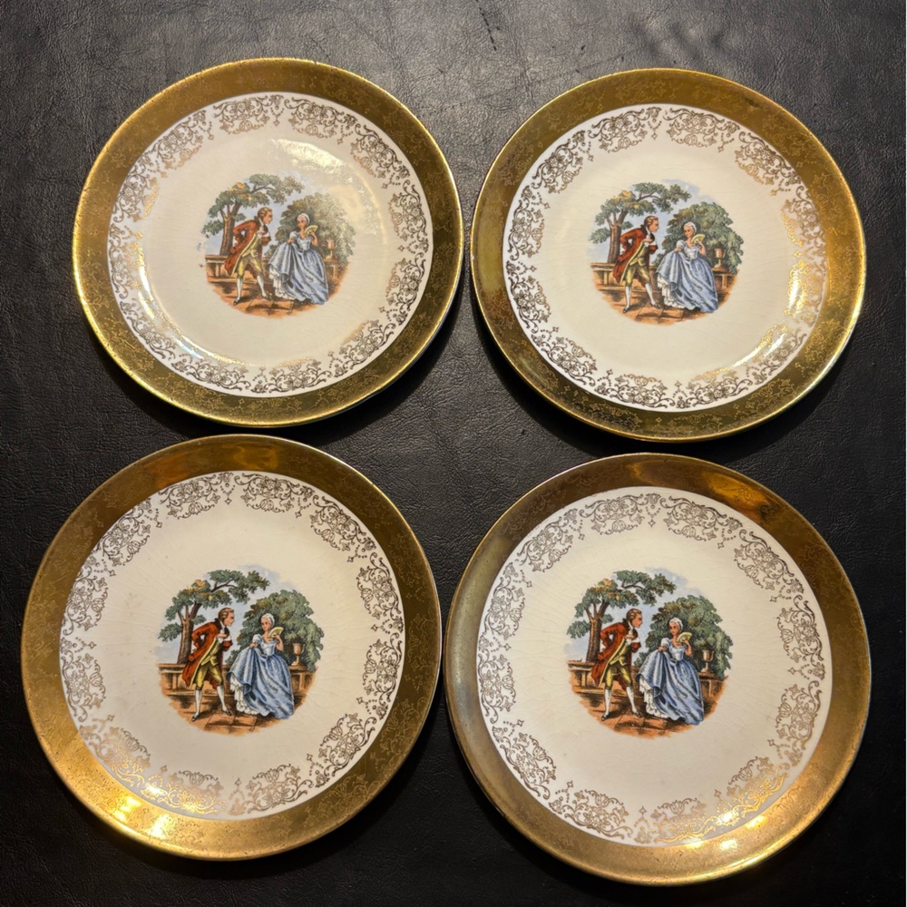 Vintage set Colonial China Dessert Plates Victorian Courting Couple 22K 6.25”